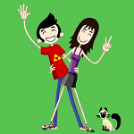 Dessin de nono et nana avec le chat mécontent à leur pieds.