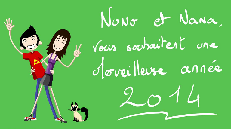 Dessin de nono et nana saluant avec le chat mécontent à leur pieds