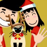 Dessin de nono et nana en selfie pour noël avec le chat mécontent de porter une clochette et un serre-tête en forme de corne de cerf.