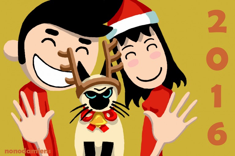 Selfie de noël Dessin de nono et nana en selfie pour noël avec le chat mécontent de porter une clochette et un serre-tête en forme de corne de cerf.