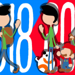 Dessin d'un garçon qui s'en va vers 2018 saluer par son double de 2017 et des personnages Link, Mario et BB8.