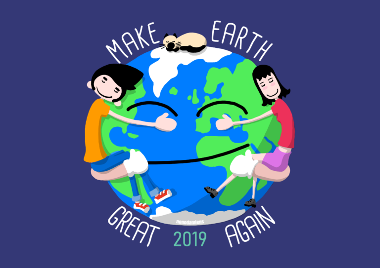 Make earth greate again Dessin de la planète terre souriante enlacée par deux personnages avec un chat assoupi sur le pole nord.