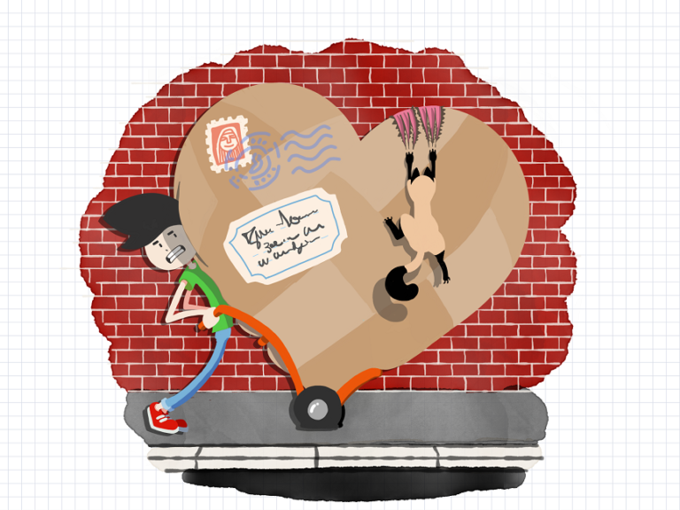 Love delivery inc. Dessin d'un livreur transportant sur un diable un énorme coeur empaqueté.