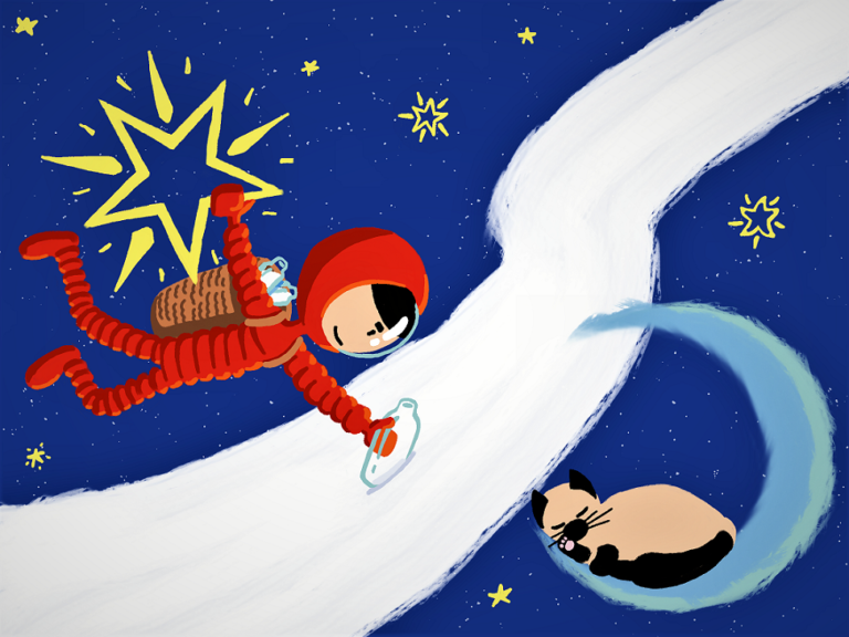 Dessin d'un astronaute recoltant du lait dans la voie lactée
