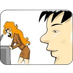Extrait de bande dessinnée, vu de profil d'un garçon qui une femme faire des photocopies.