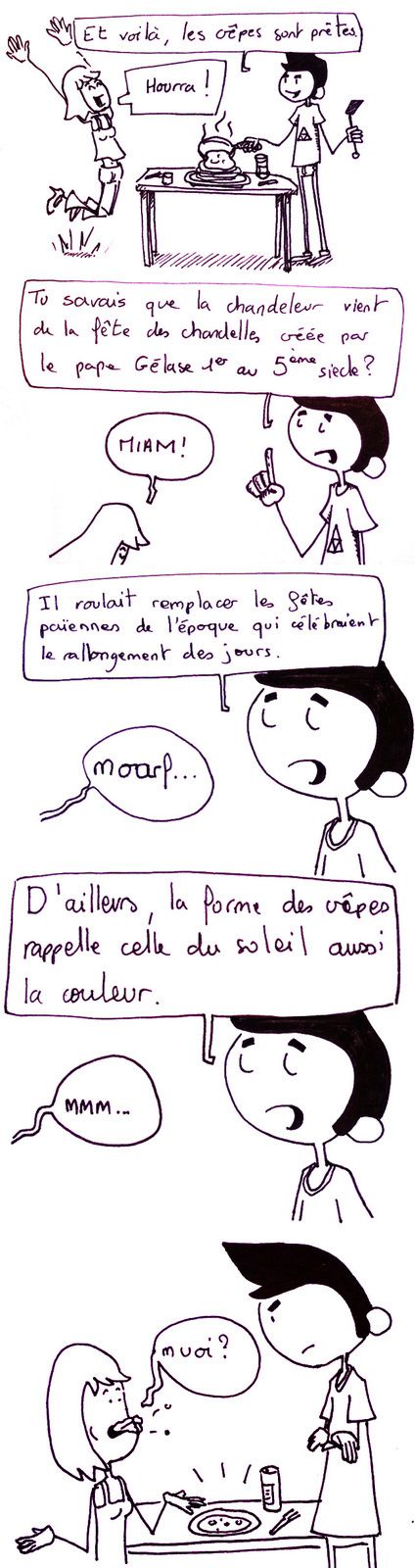 Bande dessinée de nono et nana fêtant la chandeleur. Nono expliquant l'origine de cette fête tandis que Nana s'empifre et mange toutes les crêpes !