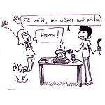Dessin de nono et nana ravis devant des crêpes faites à l'instant.
